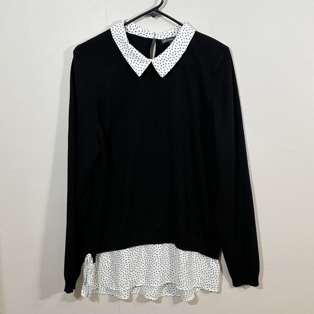 NWOT Adrianna Papell Black Layered Sweater With Dotted Collar Size XLg Academia - Picture 2 of 11